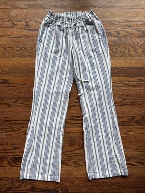 Roxy Women’s Small Blue and White Striped Linen Cotton Pull-On Flare Pants